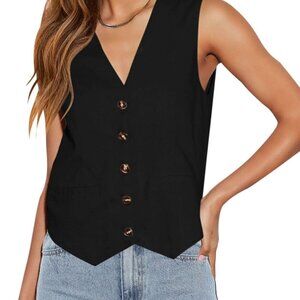 Women's Business Button Up V Neck Vest Casual Fully Lined Sleeveless Jacket Wais
